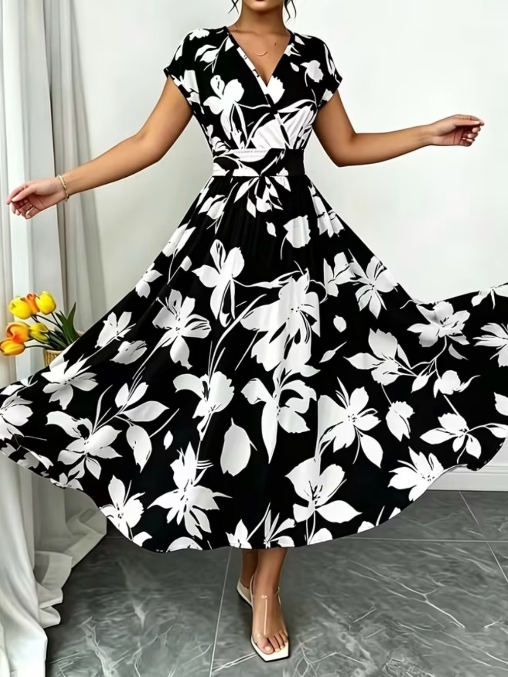 Black & White Floral Wrap Midi Dress